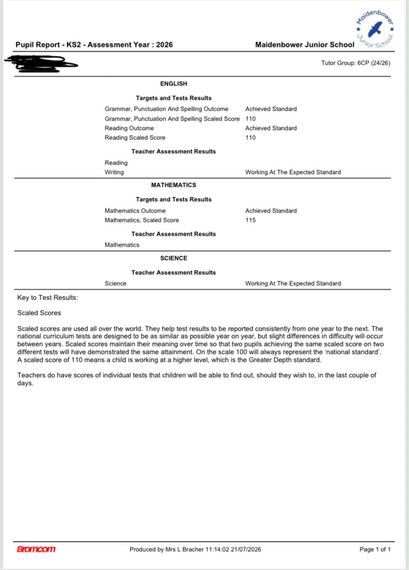 Curtis SAT Mathematics result shared as evidence of focused exam preparation
